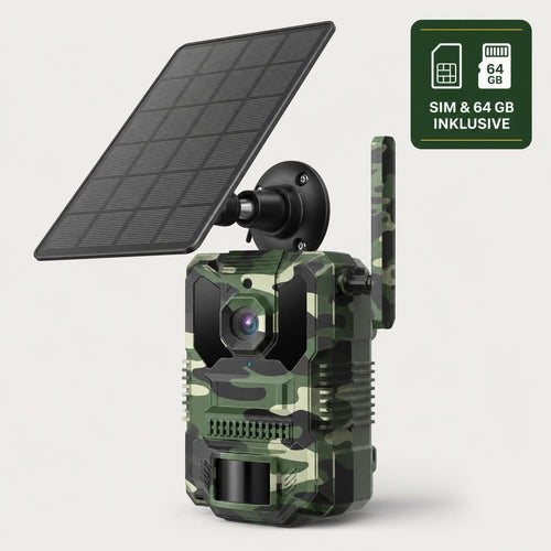 4G Wildkamera 2.7K mit Solarpanel, SIM-Karte und 64-GB-Speicherkarte inklusive