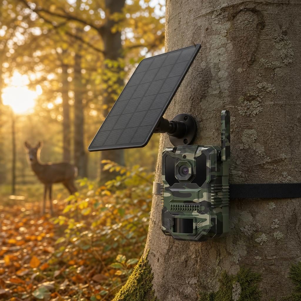 4G Wildkamera mit Solarpanel am Baum im Revier montiert