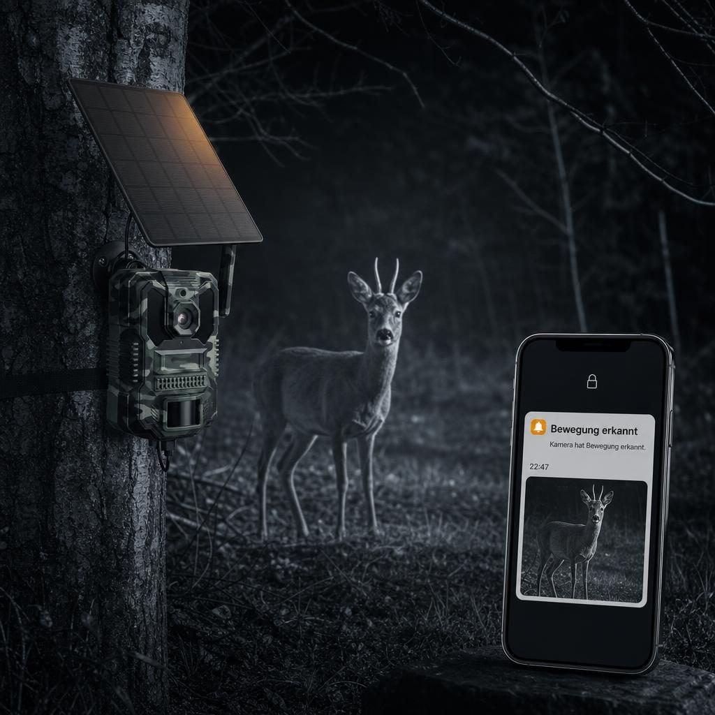 Push-Meldung Bewegung erkannt auf dem Smartphone bei Nachtaufnahme eines Rehbocks
