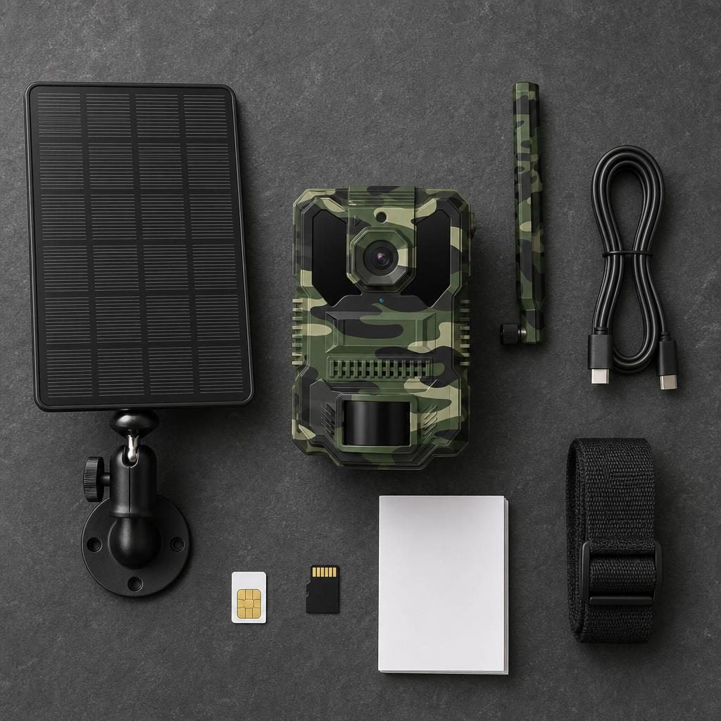 Lieferumfang der 4G Solar Wildkamera: Kamera, Solarpanel, Antenne, Kabel, Gurt, SIM- und microSD-Karte