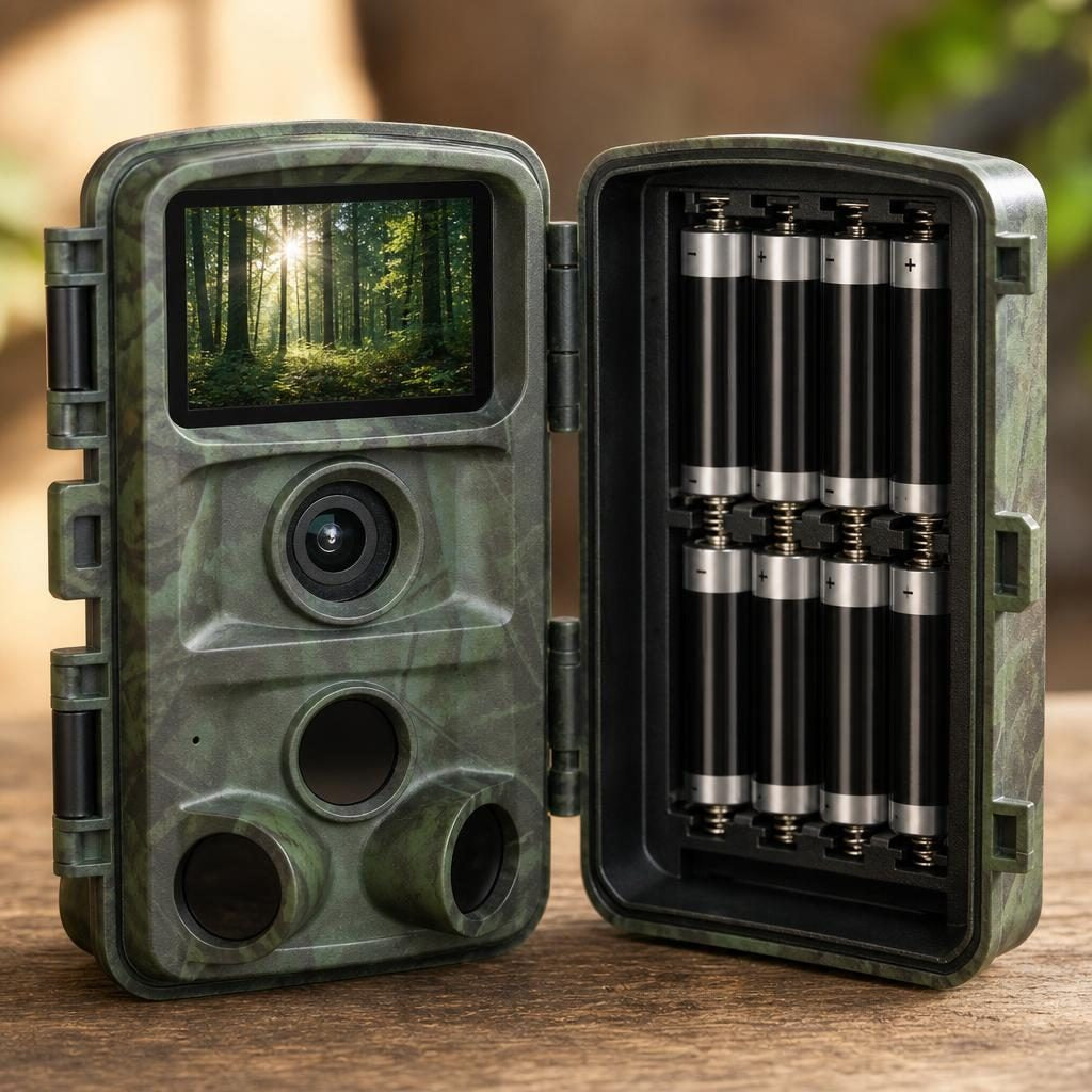 Geöffnete Wildkamera mit Batteriefach für acht AA-Batterien und Farbdisplay