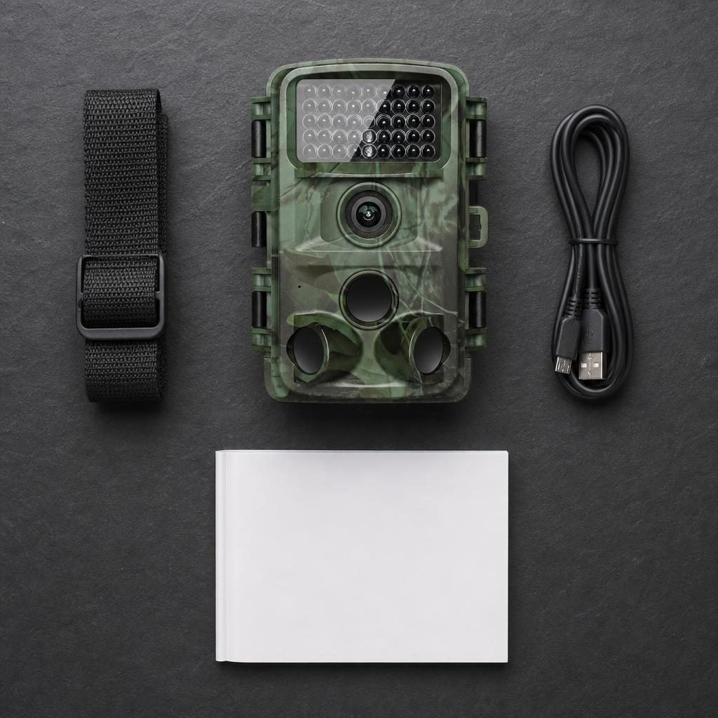 Lieferumfang: Wildkamera 4K, Befestigungsgurt, USB-Kabel und Bedienungsanleitung