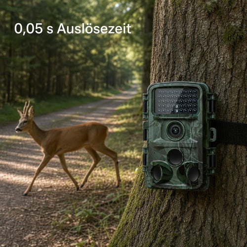 Reh quert den Wechsel vor der Wildkamera, 0,05 Sekunden Auslösezeit