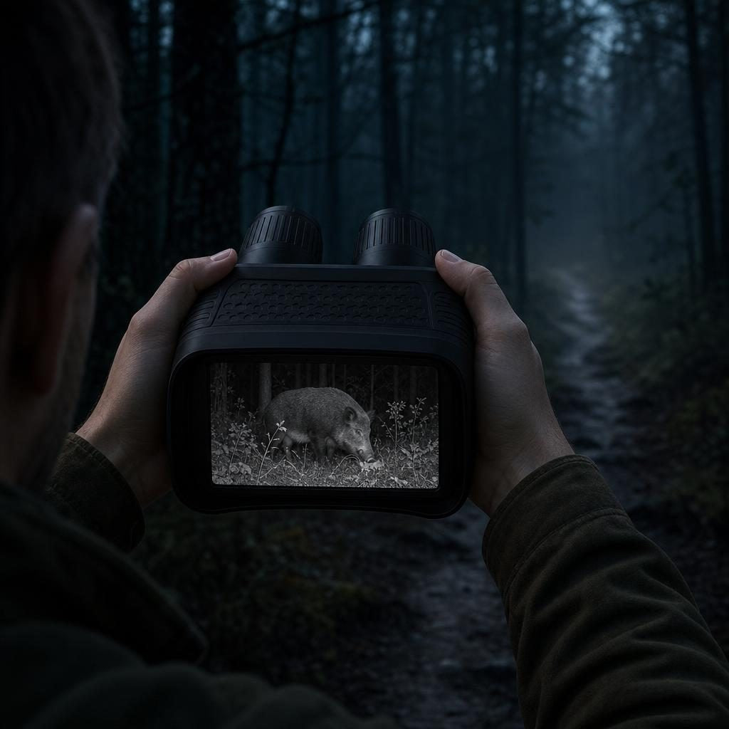 Nachtsichtfernglas im Einsatz auf einem Waldweg bei Nacht