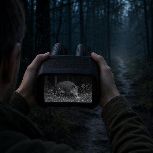 Nachtsichtfernglas im Einsatz auf einem Waldweg bei Nacht