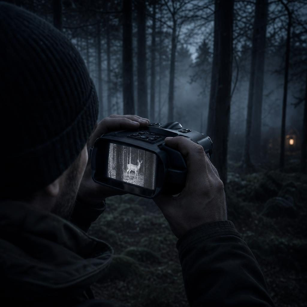 Jäger beobachtet nachts mit dem Nachtsichtfernglas ein Reh im Wald