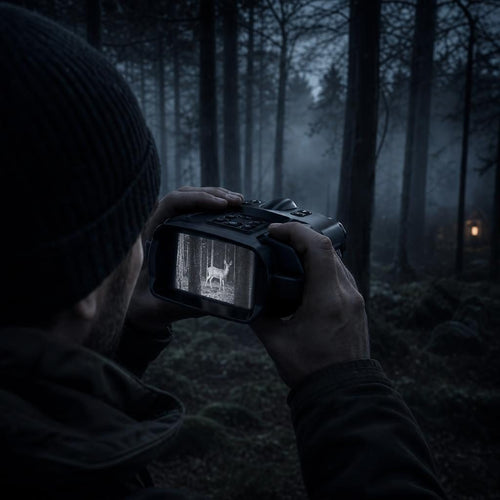Jäger beobachtet nachts mit dem Nachtsichtfernglas ein Reh im Wald