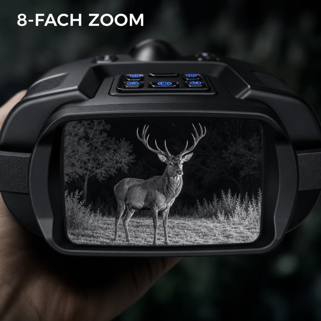 Display des Nachtsichtfernglases mit 8-fach Zoom auf einen Hirsch