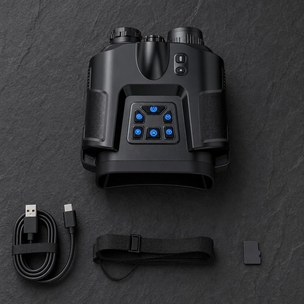 Lieferumfang: Nachtsichtfernglas, USB-C-Kabel, Trageriemen und 64-GB-Karte
