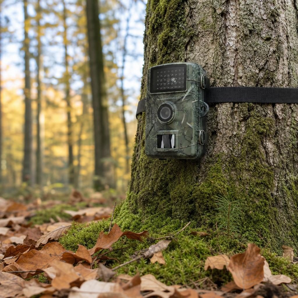 Wildkamera mit Gurt an einer Fichte im Wald montiert