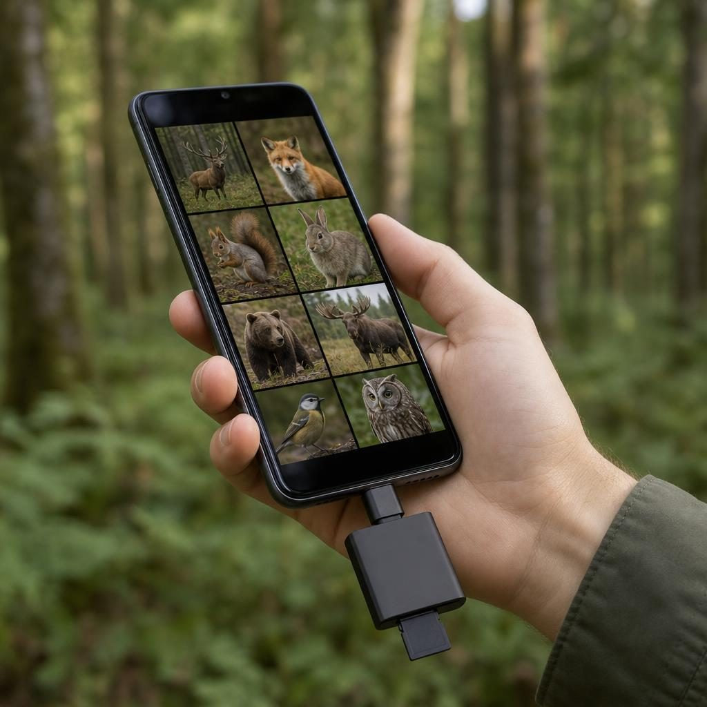Kartenleser am Smartphone im Wald, Wildkamera-Aufnahmen direkt ansehen