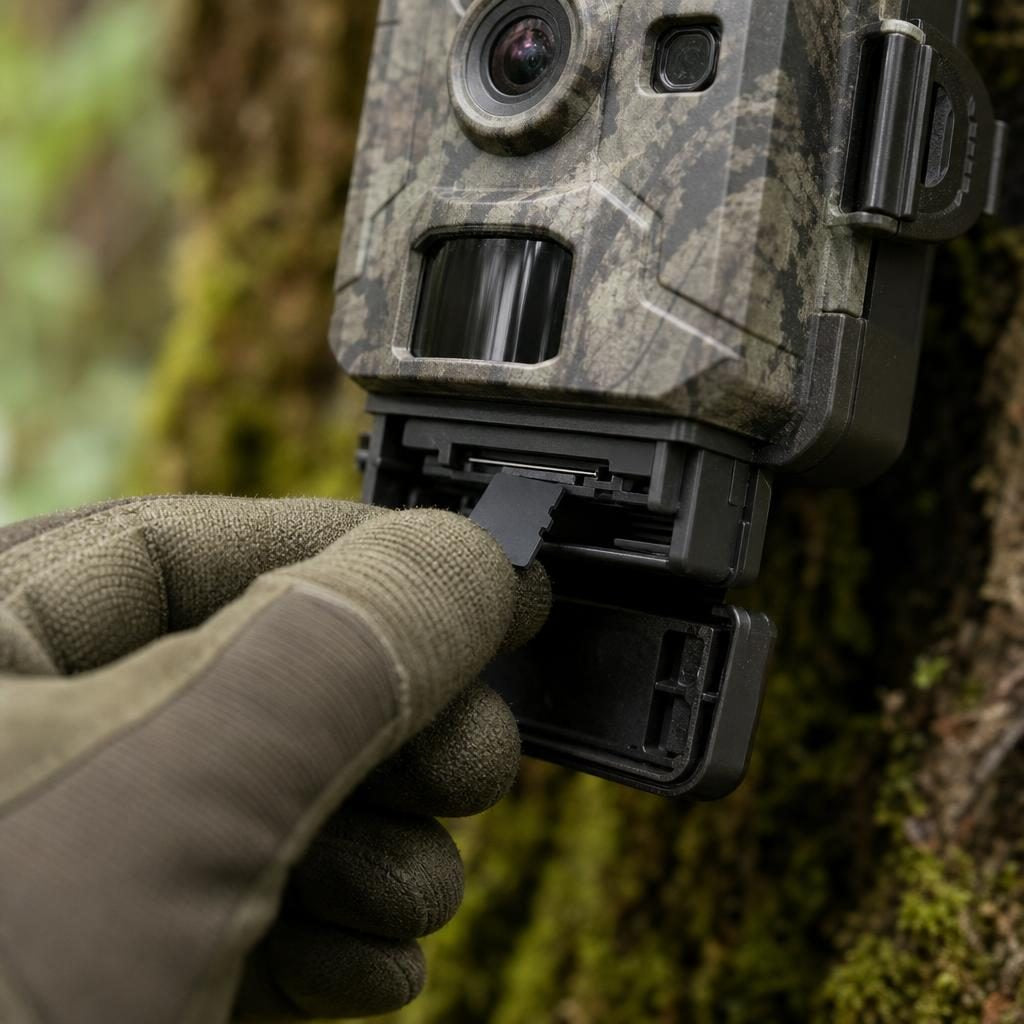 microSD-Karte wird in den Kartenslot einer Wildkamera eingesetzt