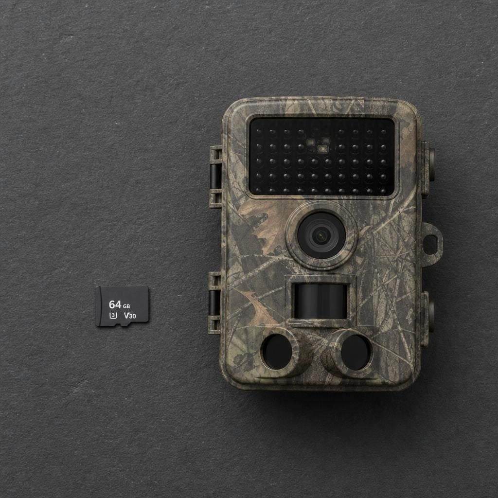 microSD-Karte 64 GB neben einer Wildkamera